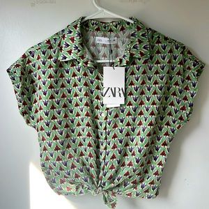 NWT Zara Girls Short Sleeve Collared Floral Polyester Blouse Size 13-14